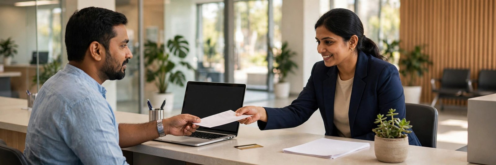 Receiving a printed credit card statement at a bank branch desk
