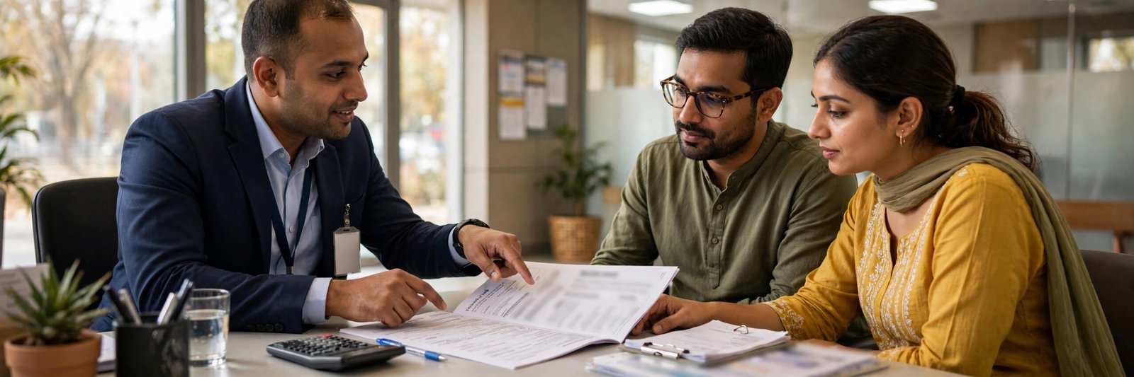 Canara Bank Personal Loan: Eligibility, Rates & How to Apply Bank officer explaining Canara Bank personal loan documents to a couple