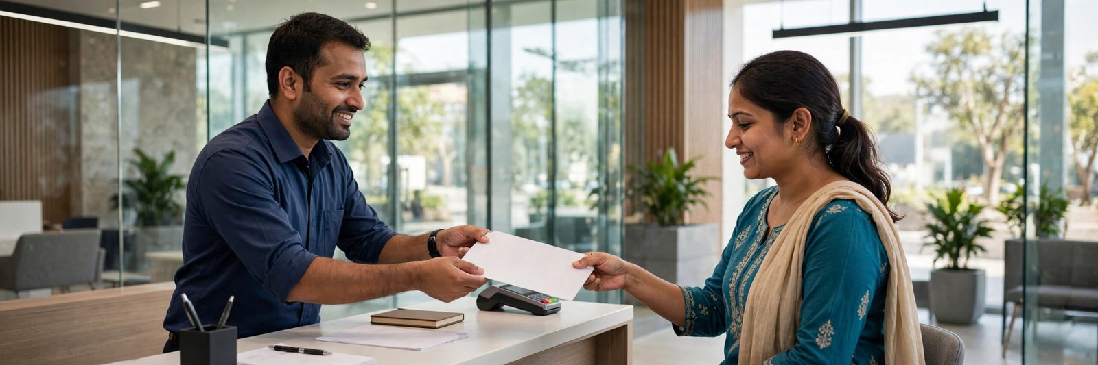 Customer receiving a printed HDFC credit card statement at a bank branch