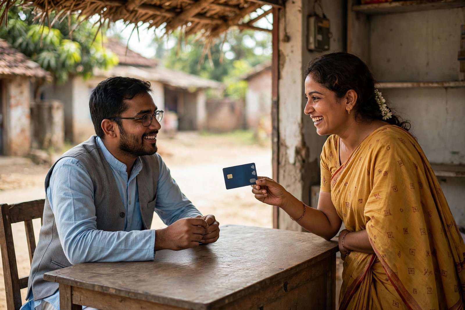 Jan Dhan Account Balance Check: Missed Call, *99# and App Woman with a RuPay debit card at a rural banking correspondent outlet