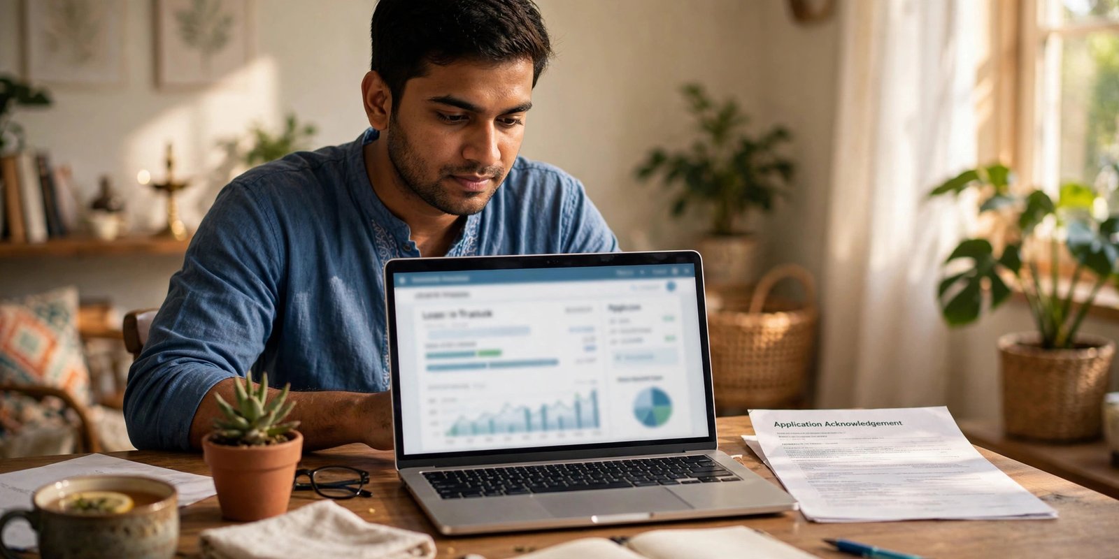 Checking Kotak personal loan status on a laptop at home