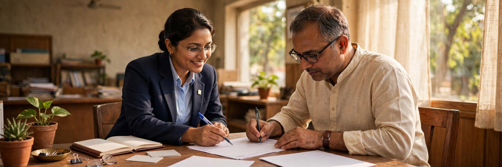 Bank officer helping link a mobile number to a bank account at a branch