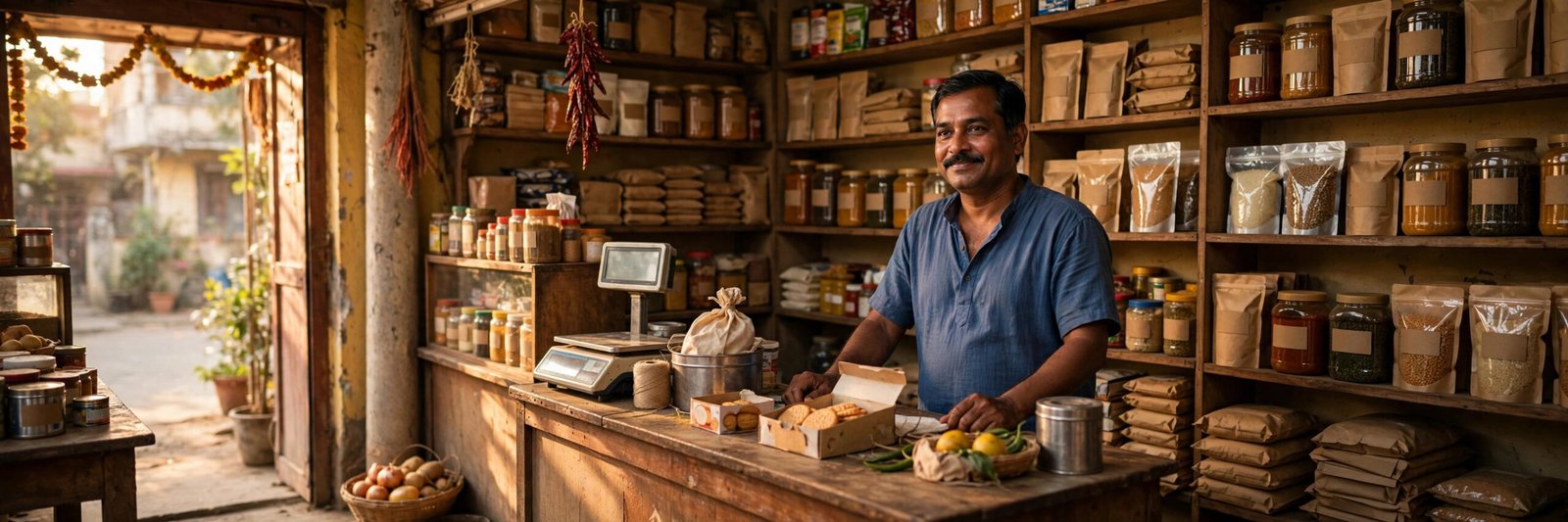 Small shopkeeper at his kirana shop eligible for an SBI Mudra loan