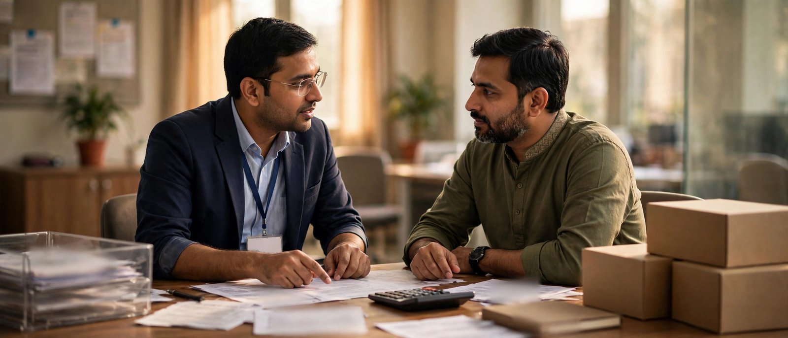 Bank officer explaining an SBI Mudra loan application to a shopkeeper