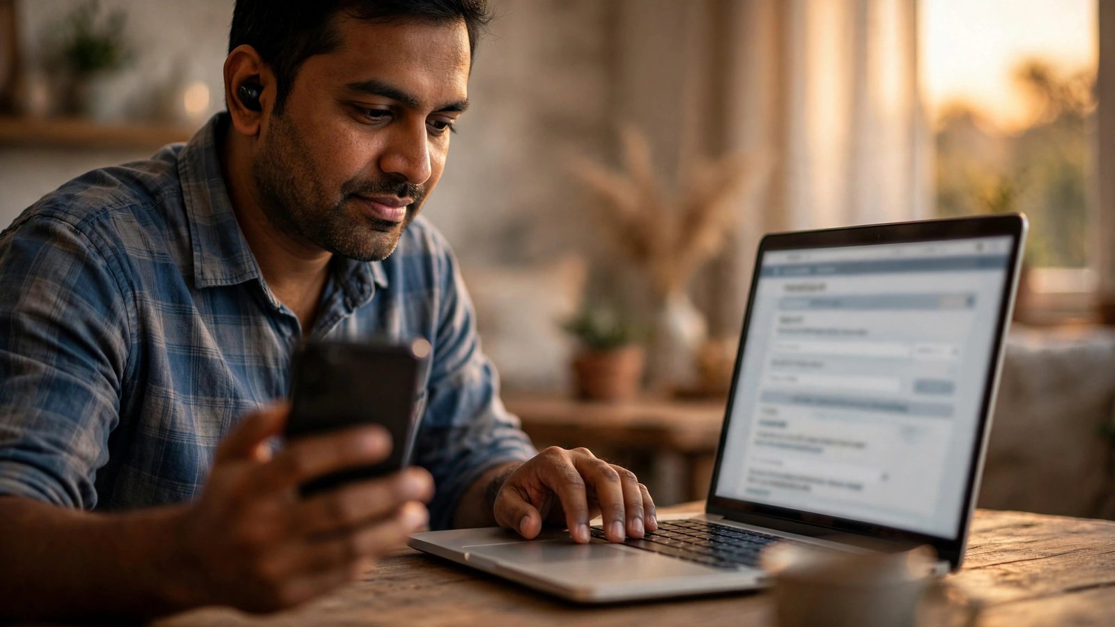 PFMS Payment Status Check: Know Your Payment Online Man checking a government payment status on PFMS using a laptop and phone at home