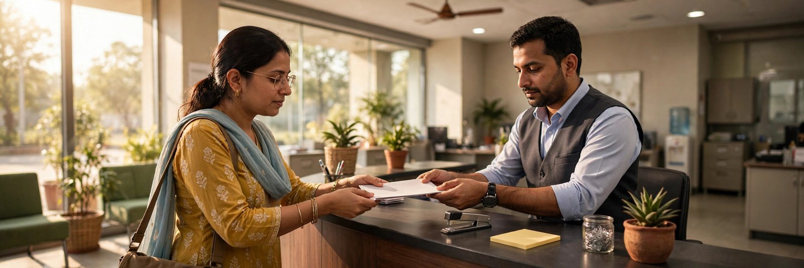 Submitting KYC documents to a bank officer at a PNB branch