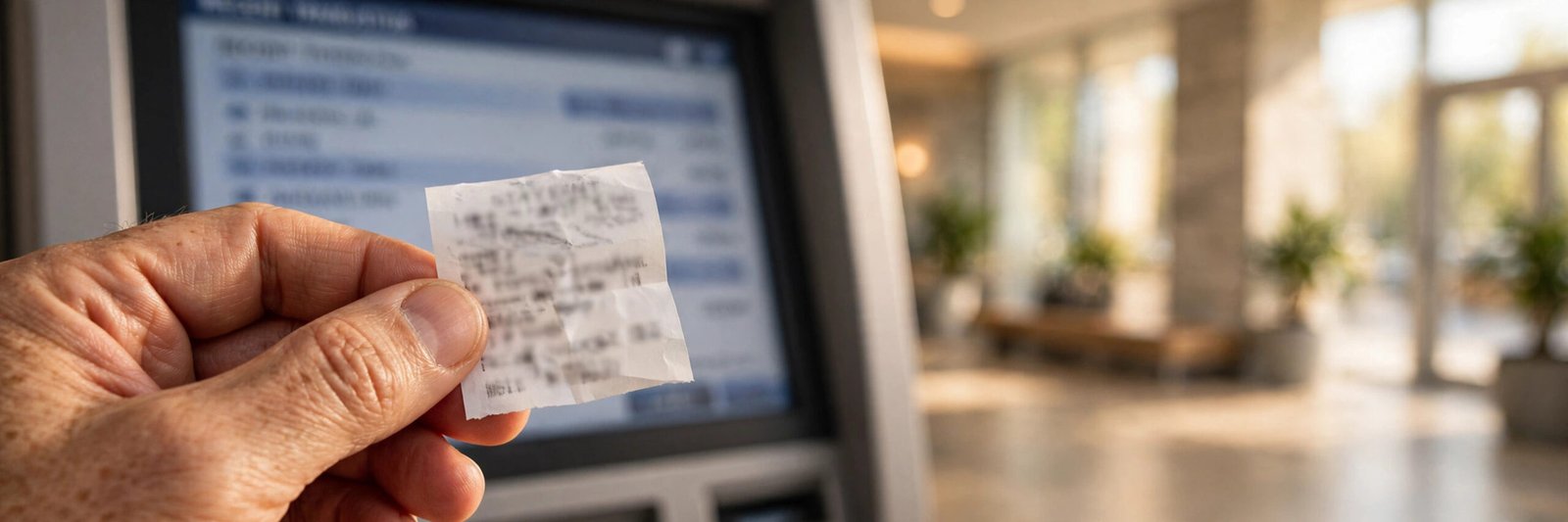 Holding a printed mini statement slip near an ATM