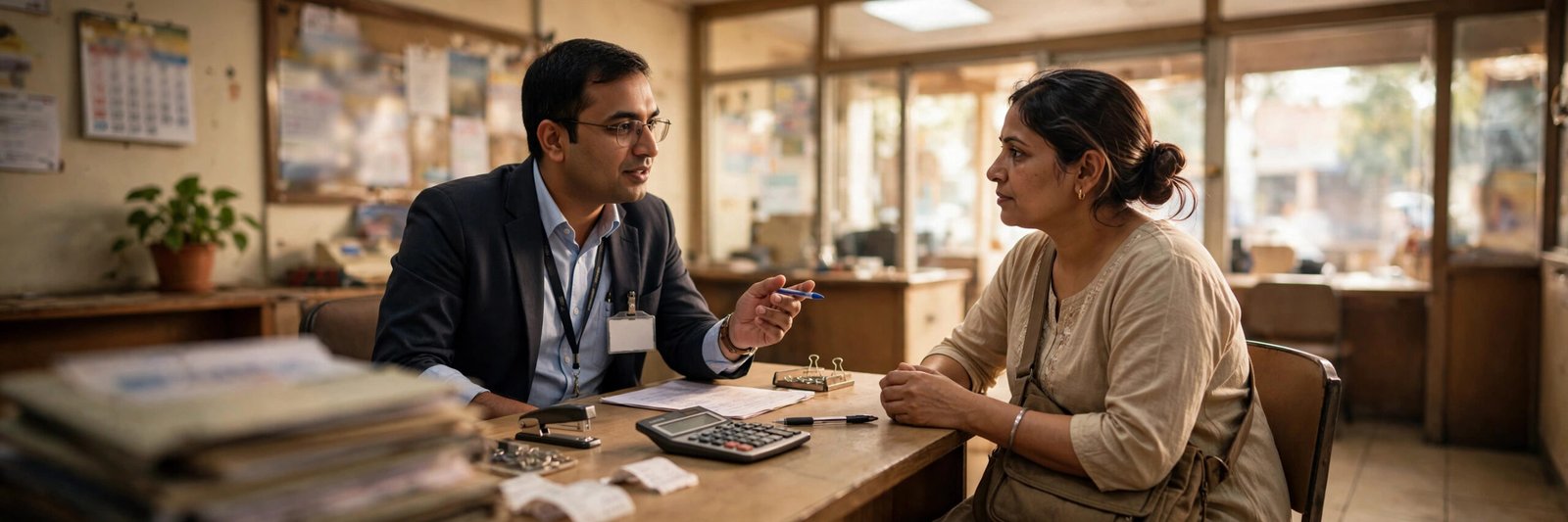 How to apply for a Ujjivan Small Finance Bank Personal Loan? And status check online and offline method: Officer explaining Ujjivan loan application status at a branch